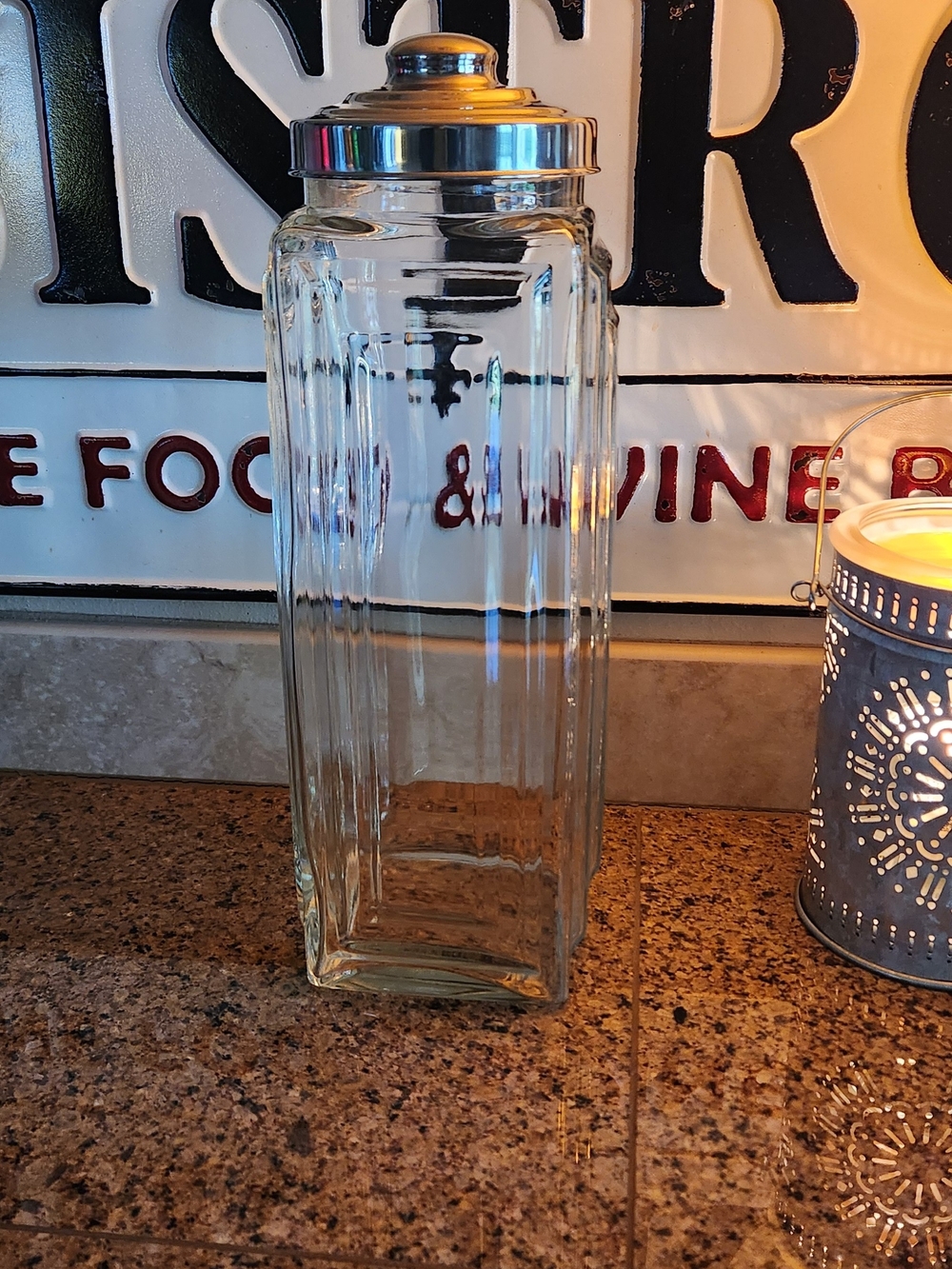 Tall Clear Glass Canister with Silver Lid. Great For Spaghetti Noodles.